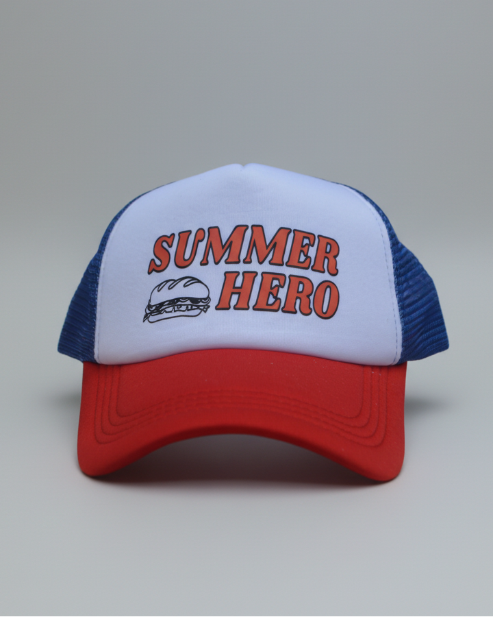 Trucker hat with 'Summer Hero' text and sandwich graphic