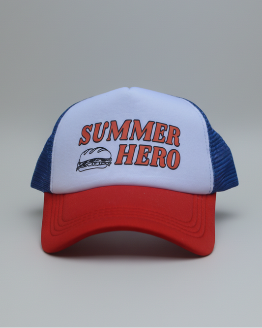 Trucker hat with 'Summer Hero' text and sandwich graphic